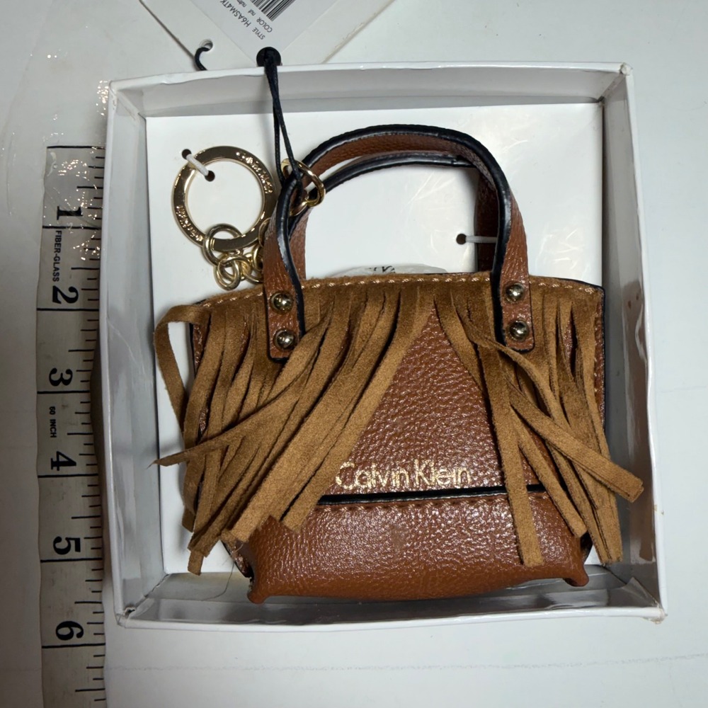 Calvin Klein Nutmeg Fringe Mini Tote Bag Keychain Charm H6ASM4TK New